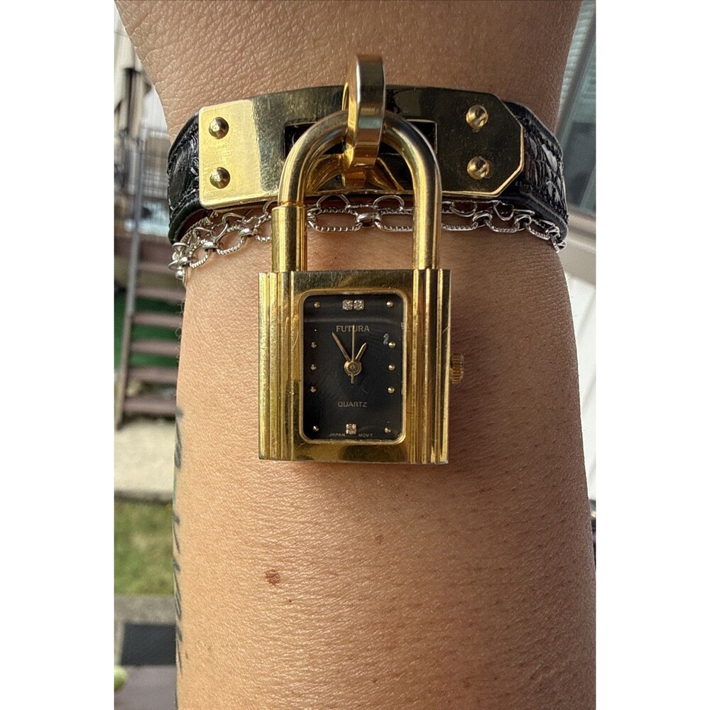 VTG 1980s Gold-Tone Crystal Padlock Wrist Watch by Futura Black Leather AS-IS